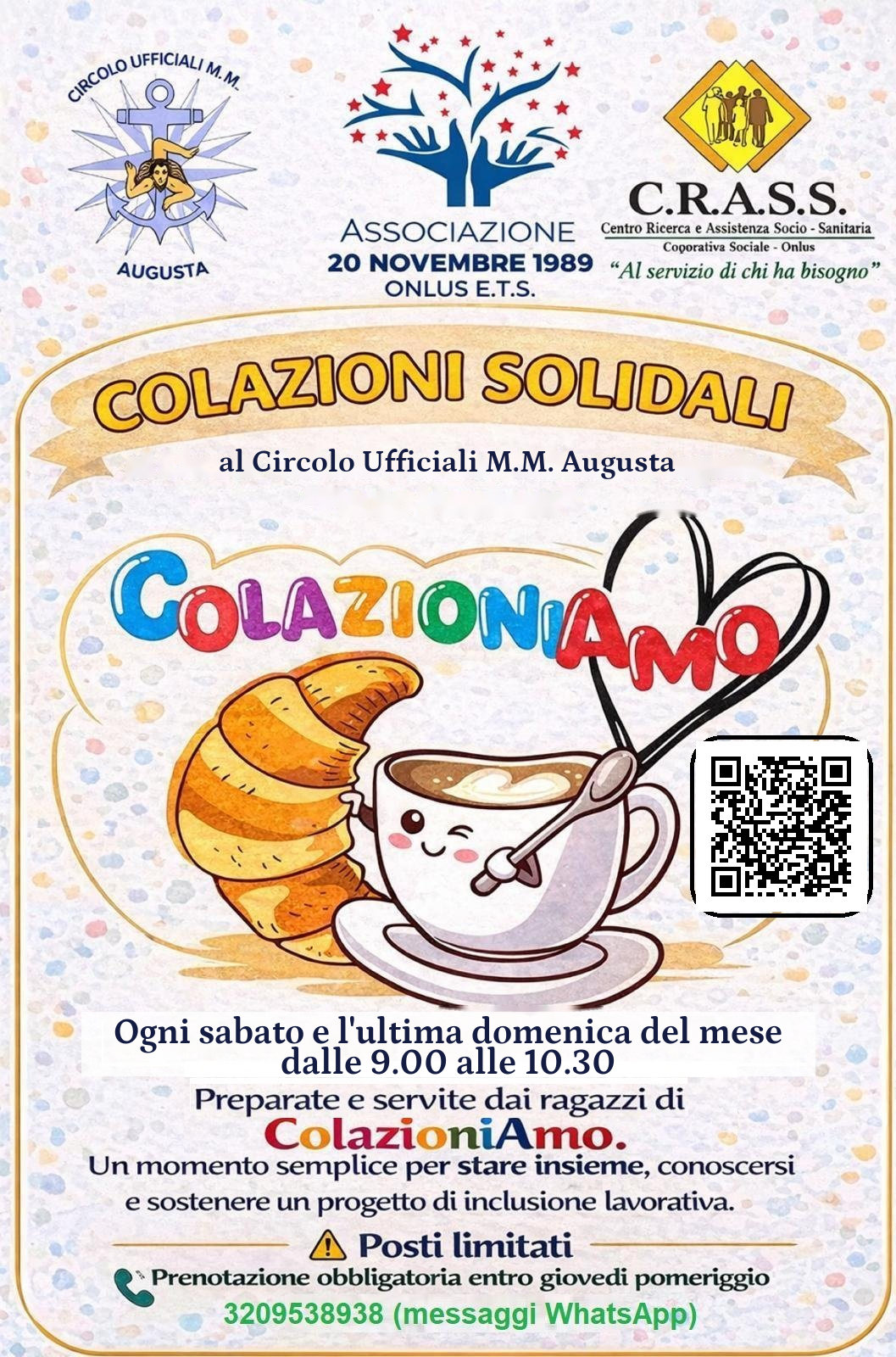 Locandina dell'iniziativa Colazioni Solidali del Circolo Ufficiali M.M. Augusta, con il codice QR che apre la pagina del